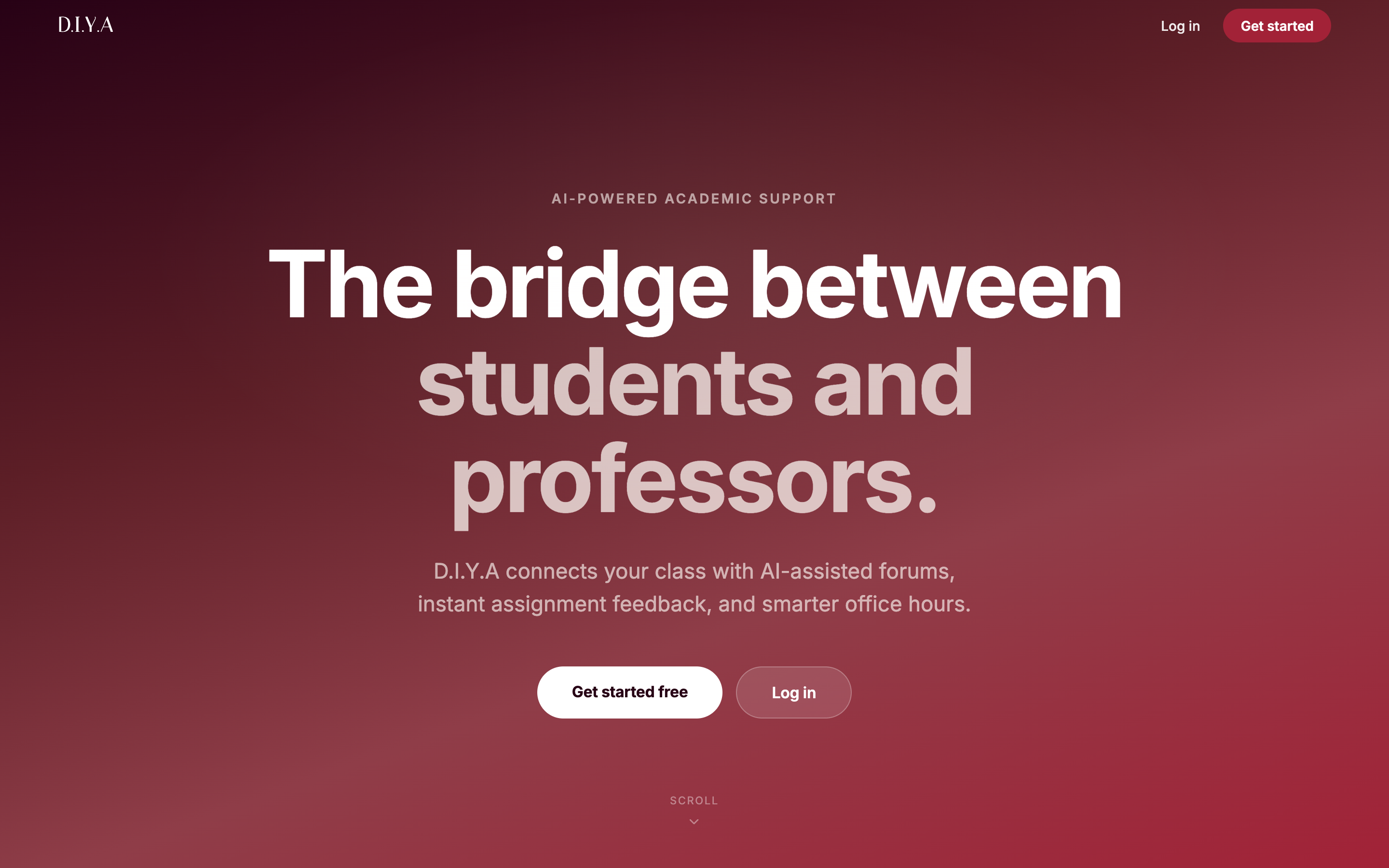 D.I.Y.A landing page — 'The bridge between students and professors,' an AI-powered academic support platform that connects a class with AI-assisted forums, instant assignment feedback, and smarter office hours